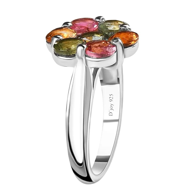 Multi-Tourmaline Floral Ring, Platinum Over Sterling Silver Ring, Tourmaline Jewelry For Her 2.65 ctw