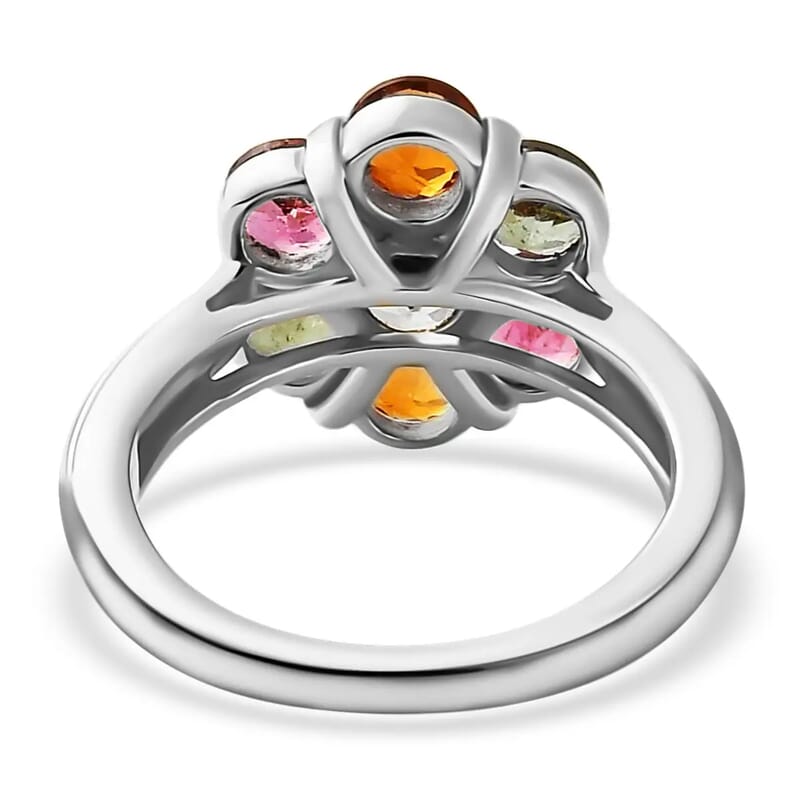 Multi-Tourmaline Floral Ring, Platinum Over Sterling Silver Ring, Tourmaline Jewelry For Her 2.65 ctw