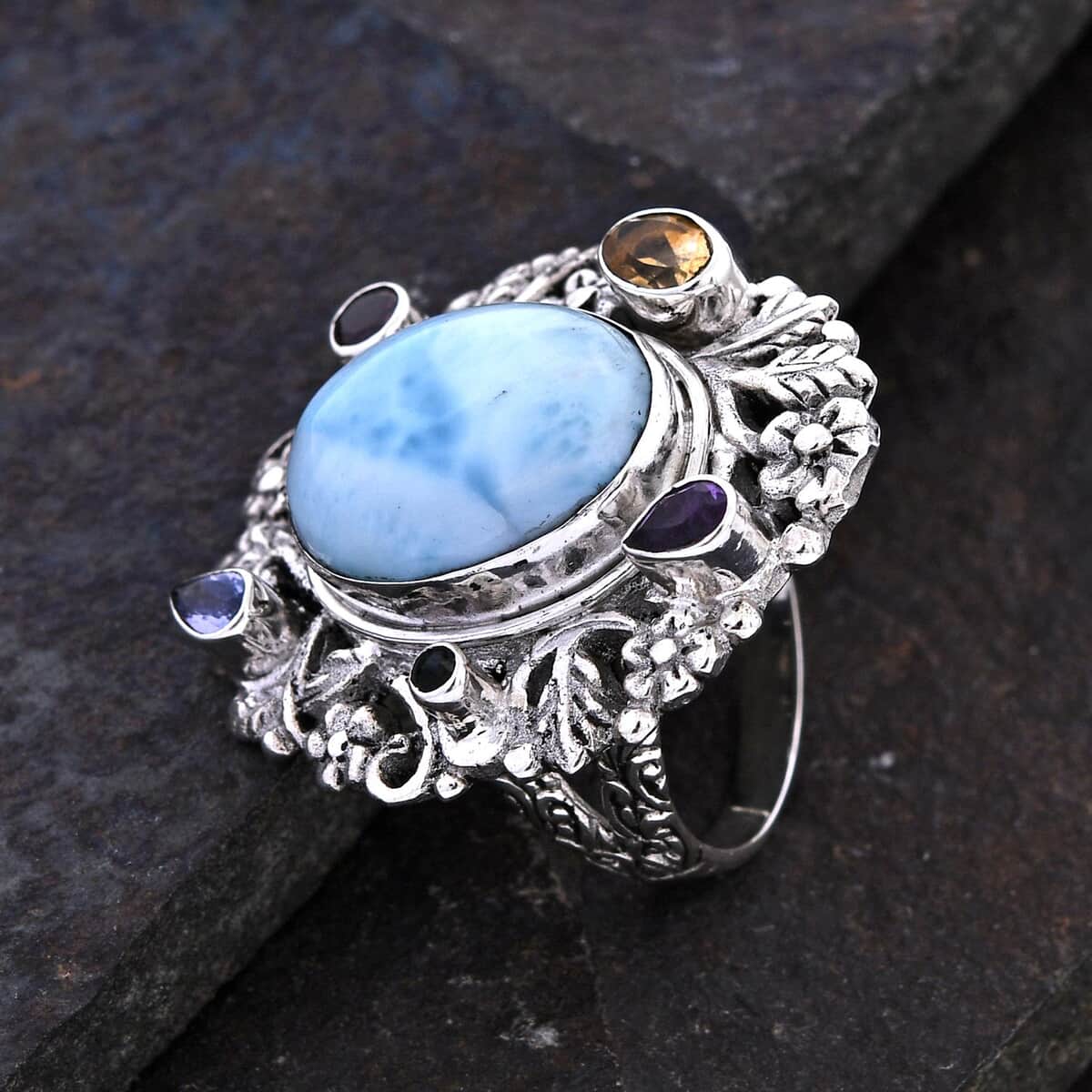 Bali Legacy Larimar and Multi Gemstone Ring in Sterling Silver (Size 8.0) 14.00 ctw image number 1