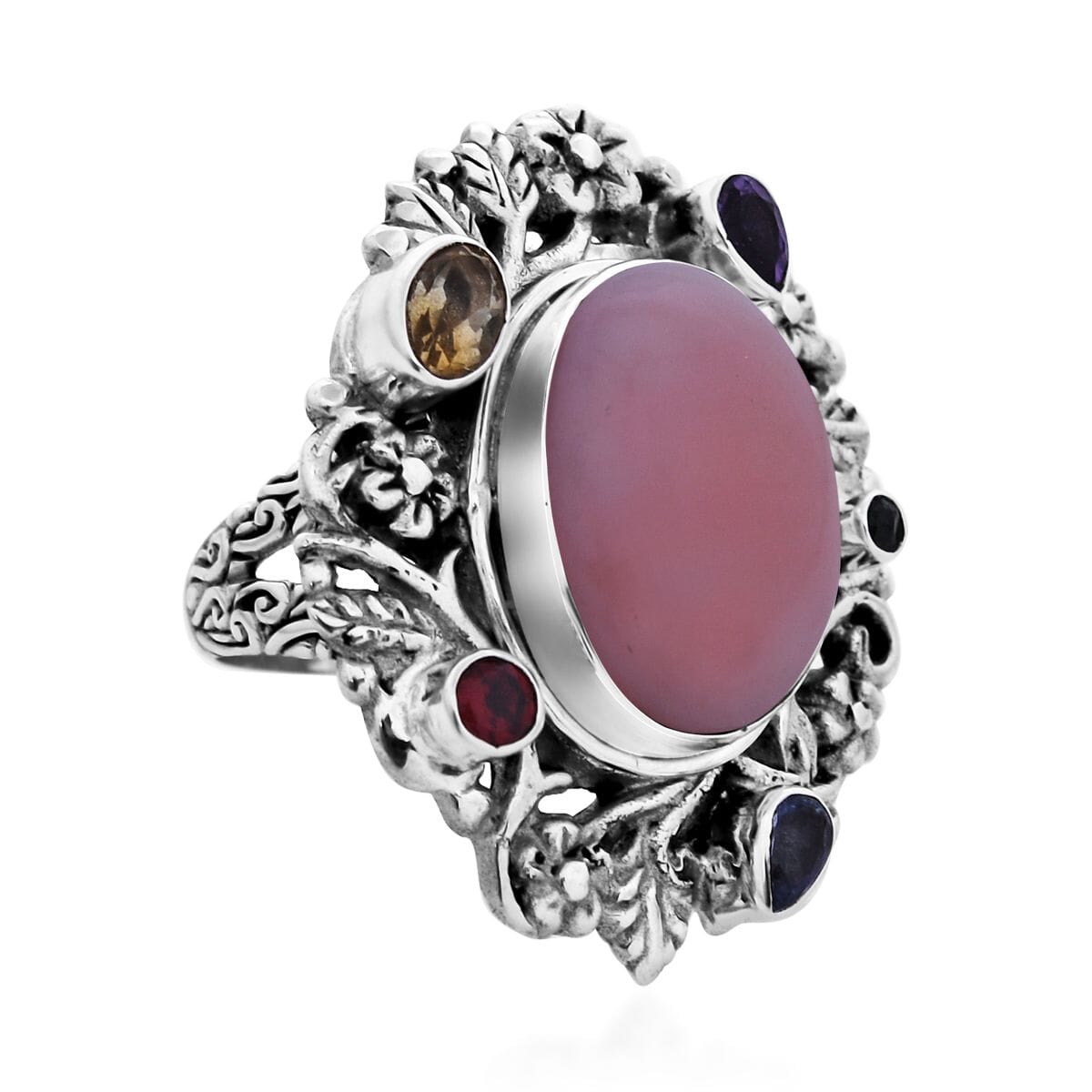 Bali Legacy Peruvian Pink Opal and Multi Gemstone Floral and Leaves Ring in Sterling Silver (Size 9.0) 10.50 ctw image number 0
