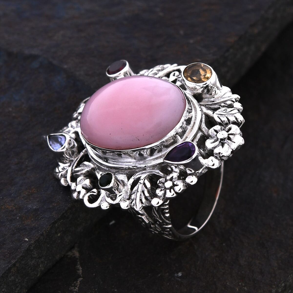Bali Legacy Peruvian Pink Opal and Multi Gemstone Floral and Leaves Ring in Sterling Silver (Size 9.0) 10.50 ctw image number 1