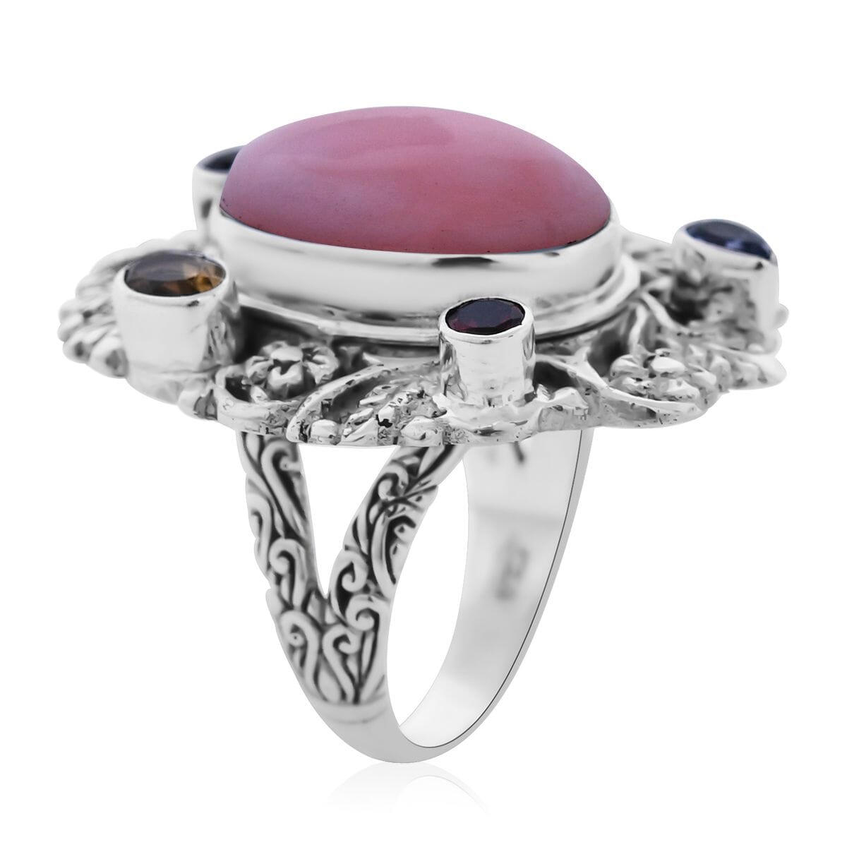 Bali Legacy Peruvian Pink Opal and Multi Gemstone Floral and Leaves Ring in Sterling Silver (Size 9.0) 10.50 ctw image number 3