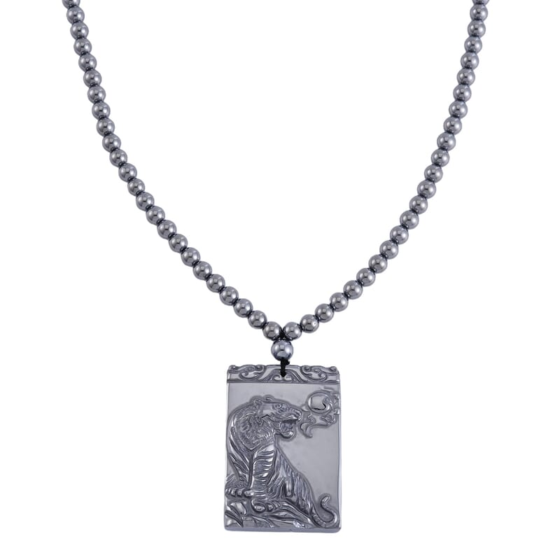 Terahertz 300.85 ctw Pendant with Beaded Necklace, Tiger Pendant with Beads Necklace, 20 Inch Necklace, Rhodium Over Sterling Silver Necklace