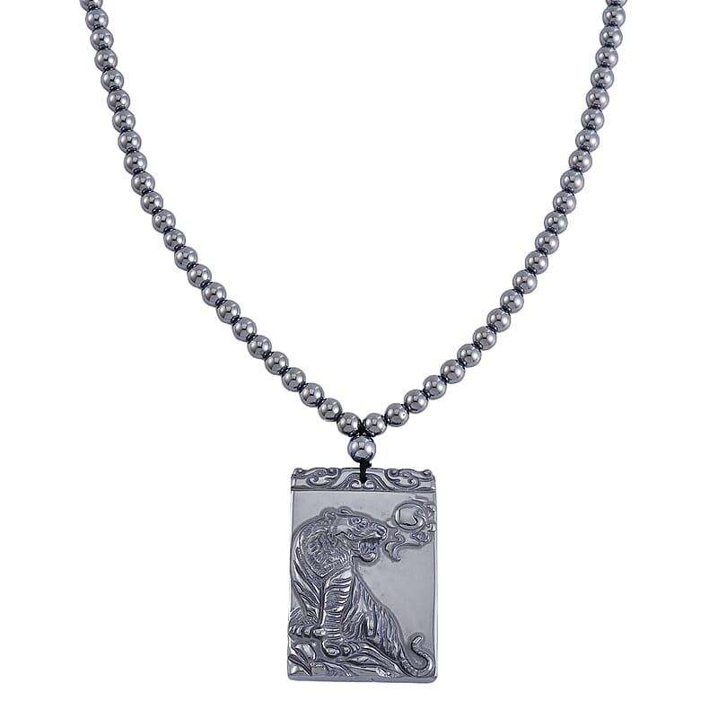 Terahertz 300.85 ctw Pendant with Beaded Necklace, Tiger Pendant with Beads Necklace, 20 Inch Necklace, Rhodium Over Sterling Silver Necklace