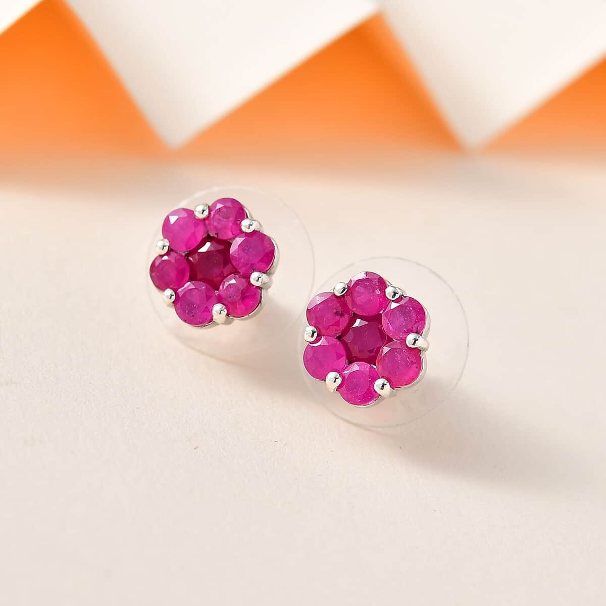 Niassa Ruby (FF) Floral Stud Earrings in Platinum Over Sterling Silver 2.50 ctw image number 1