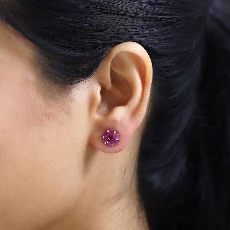 Niassa Ruby (FF) Floral Stud Earrings in Platinum Over Sterling Silver 2.50 ctw