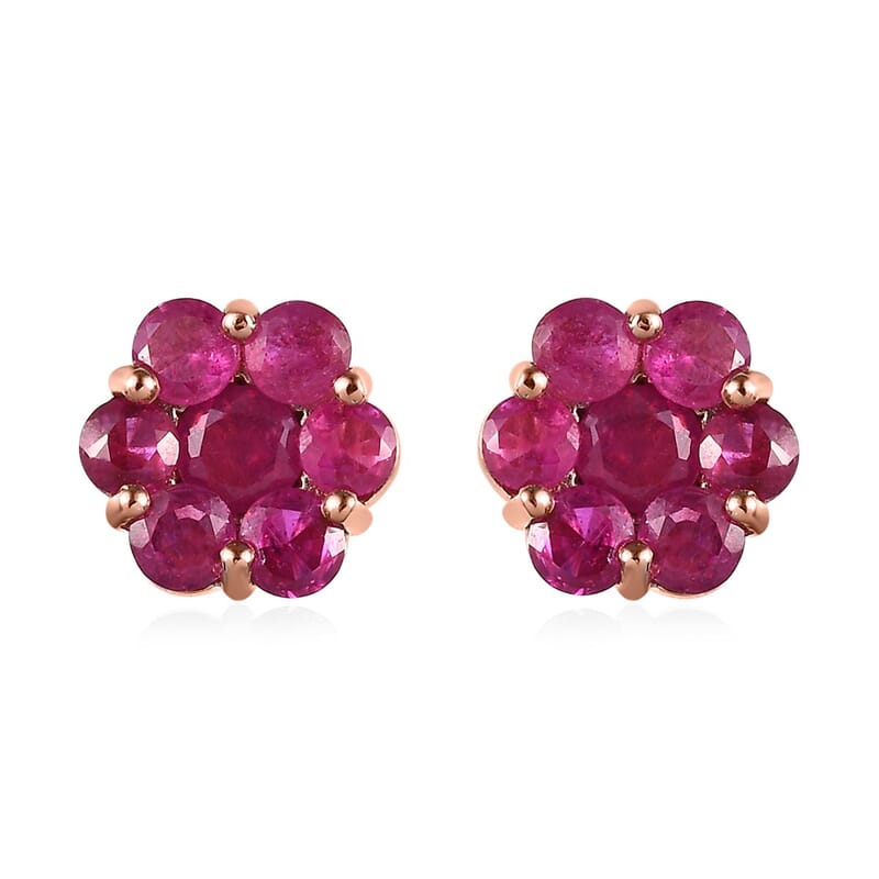 Niassa Ruby (FF) Floral Stud Earrings in Vermeil Rose Gold Over Sterling Silver 2.75 ctw
