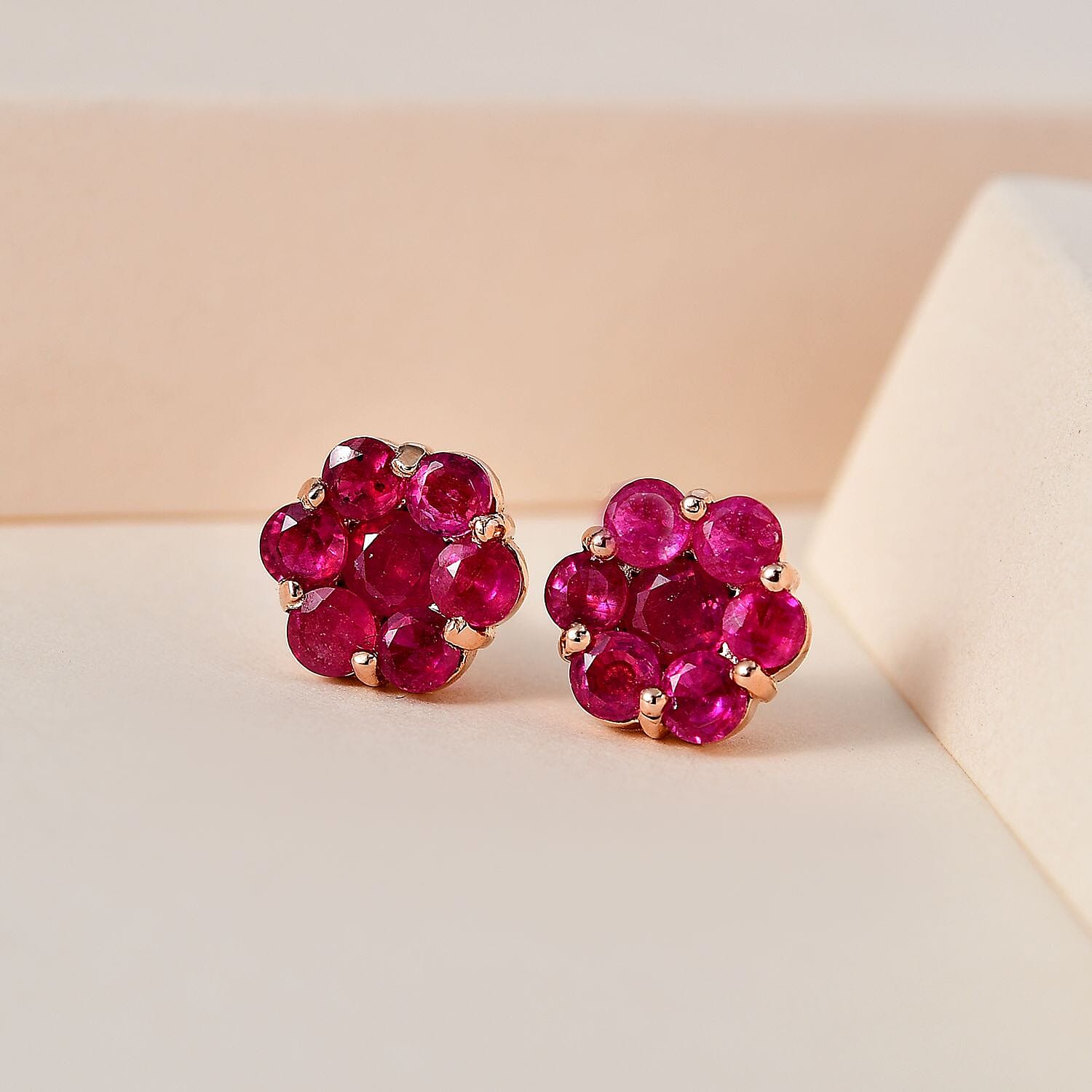Niassa Ruby (FF) Floral Stud Earrings in Vermeil Rose Gold Over Sterling Silver 2.75 ctw