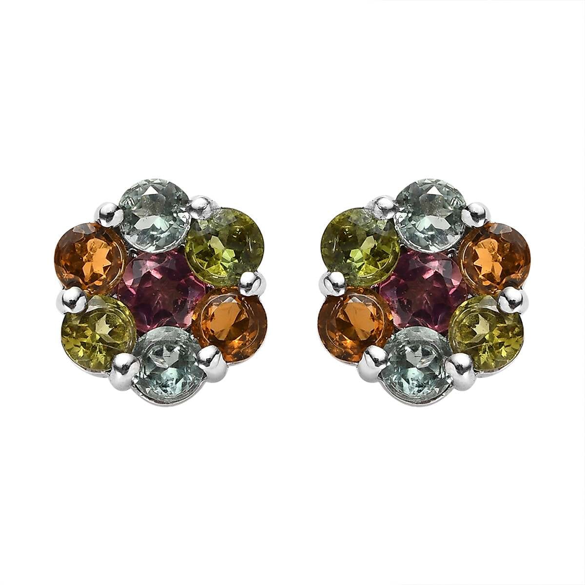 Multi-Tourmaline Floral Stud Earrings in Platinum Over Sterling Silver 1.70 ctw image number 0