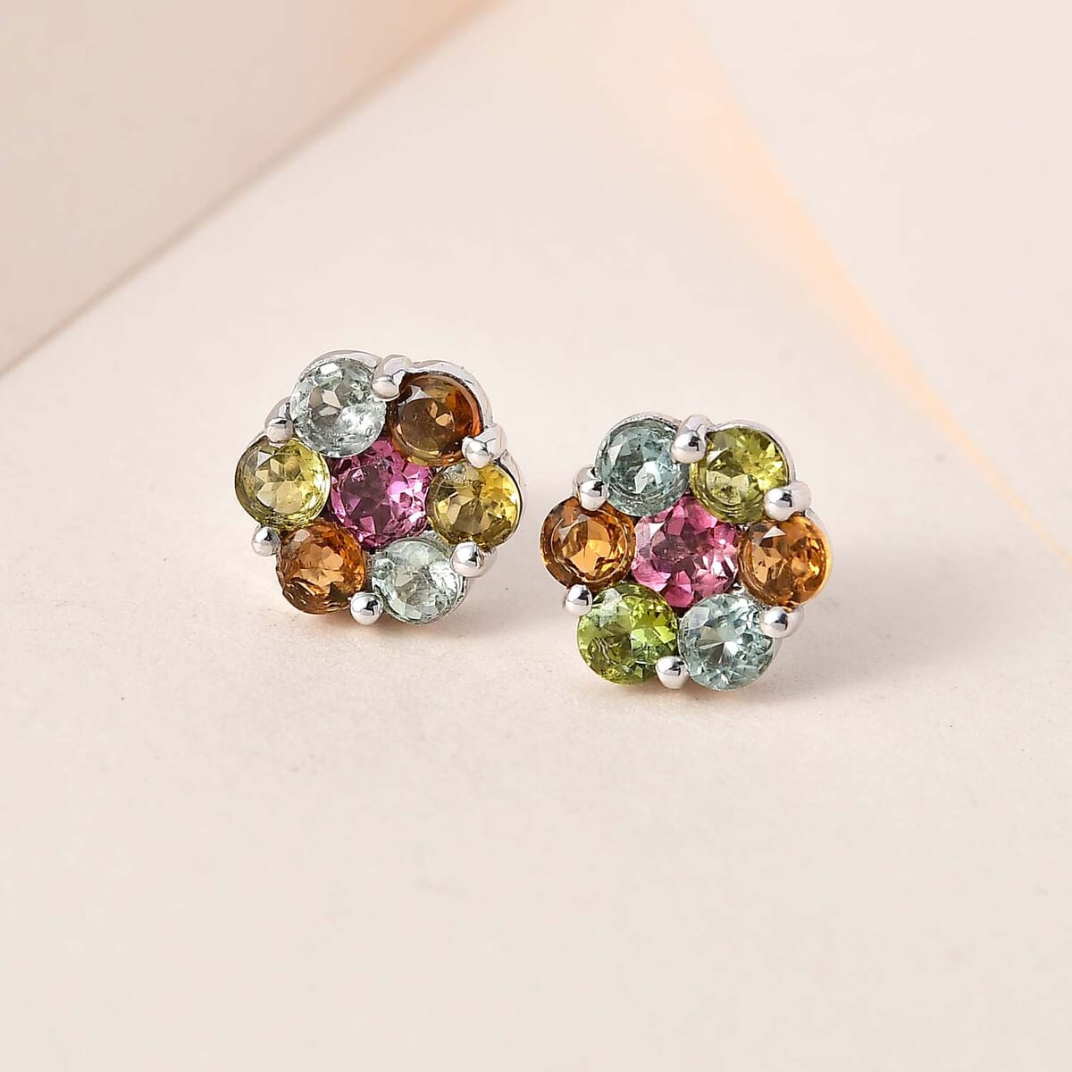 Multi-Tourmaline Floral Stud Earrings in Platinum Over Sterling Silver 1.70 ctw image number 1
