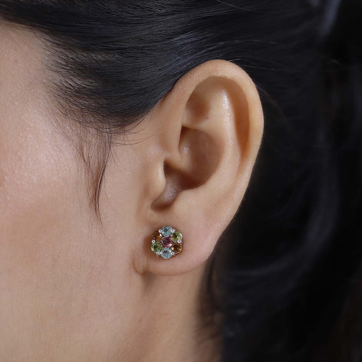 Multi-Tourmaline Floral Stud Earrings in Platinum Over Sterling Silver 1.70 ctw image number 2