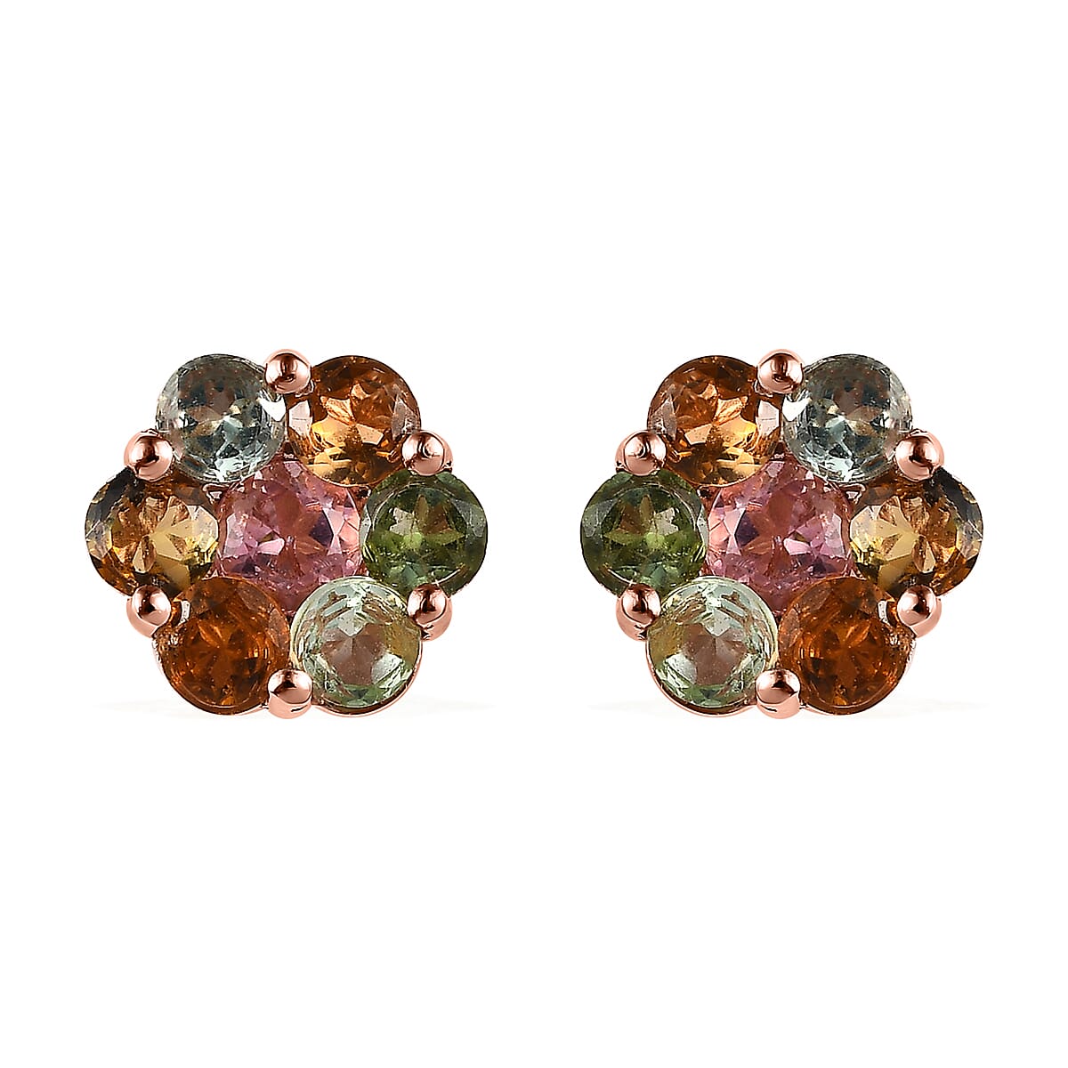 Multi-Tourmaline Floral Stud Earrings in Vermeil RG Over Sterling Silver 1.70 ctw