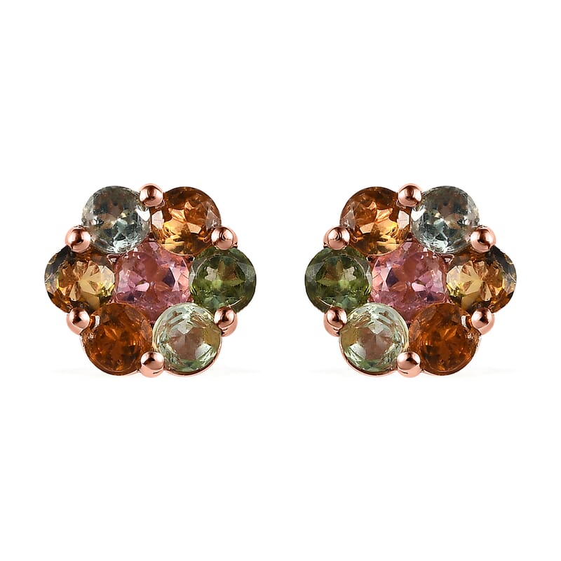 Multi-Tourmaline Floral Stud Earrings in Vermeil RG Over Sterling Silver 1.70 ctw
