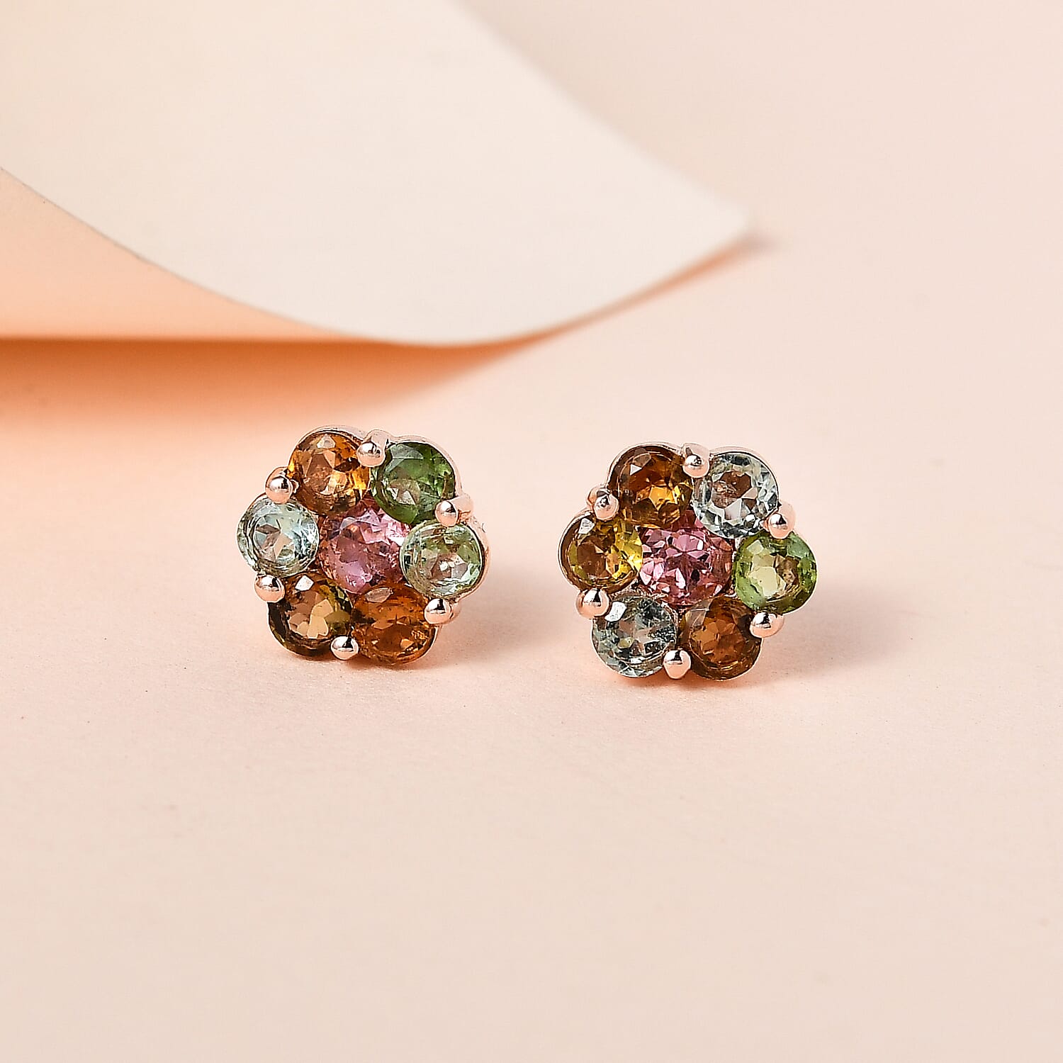 Multi-Tourmaline Floral Stud Earrings in Vermeil RG Over Sterling Silver 1.70 ctw