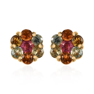 Multi-Tourmaline Floral Stud Earrings in Vermeil Yellow Gold Sterling Over Silver 1.70 ctw