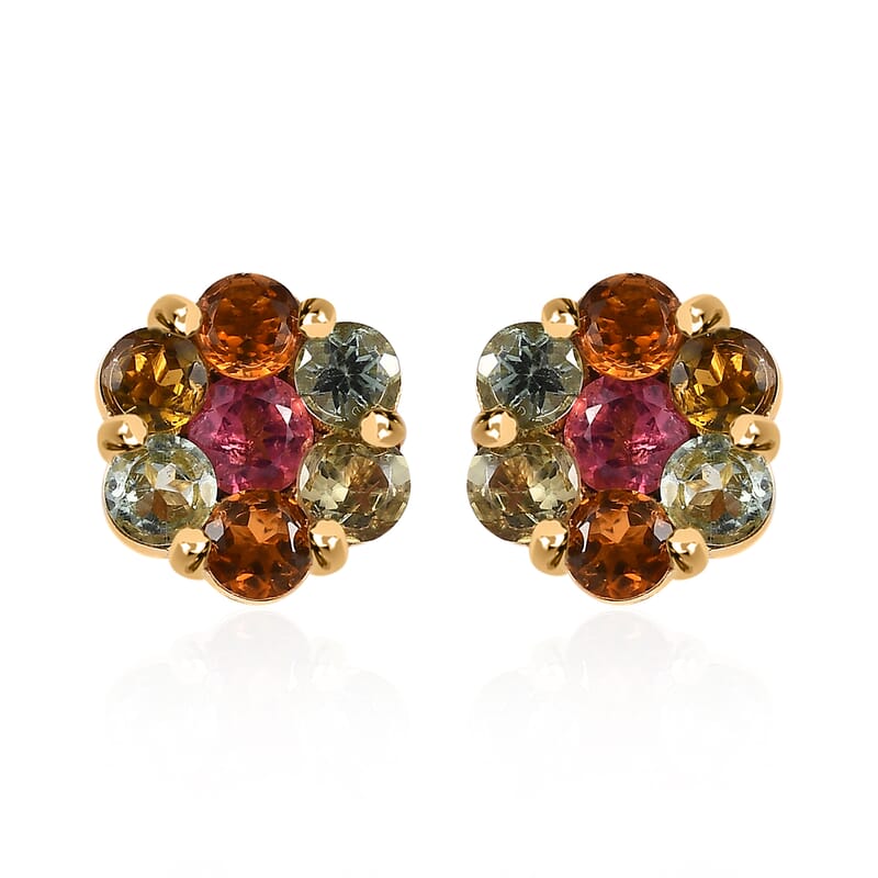 Multi-Tourmaline Floral Stud Earrings in Vermeil Yellow Gold Sterling Over Silver 1.70 ctw
