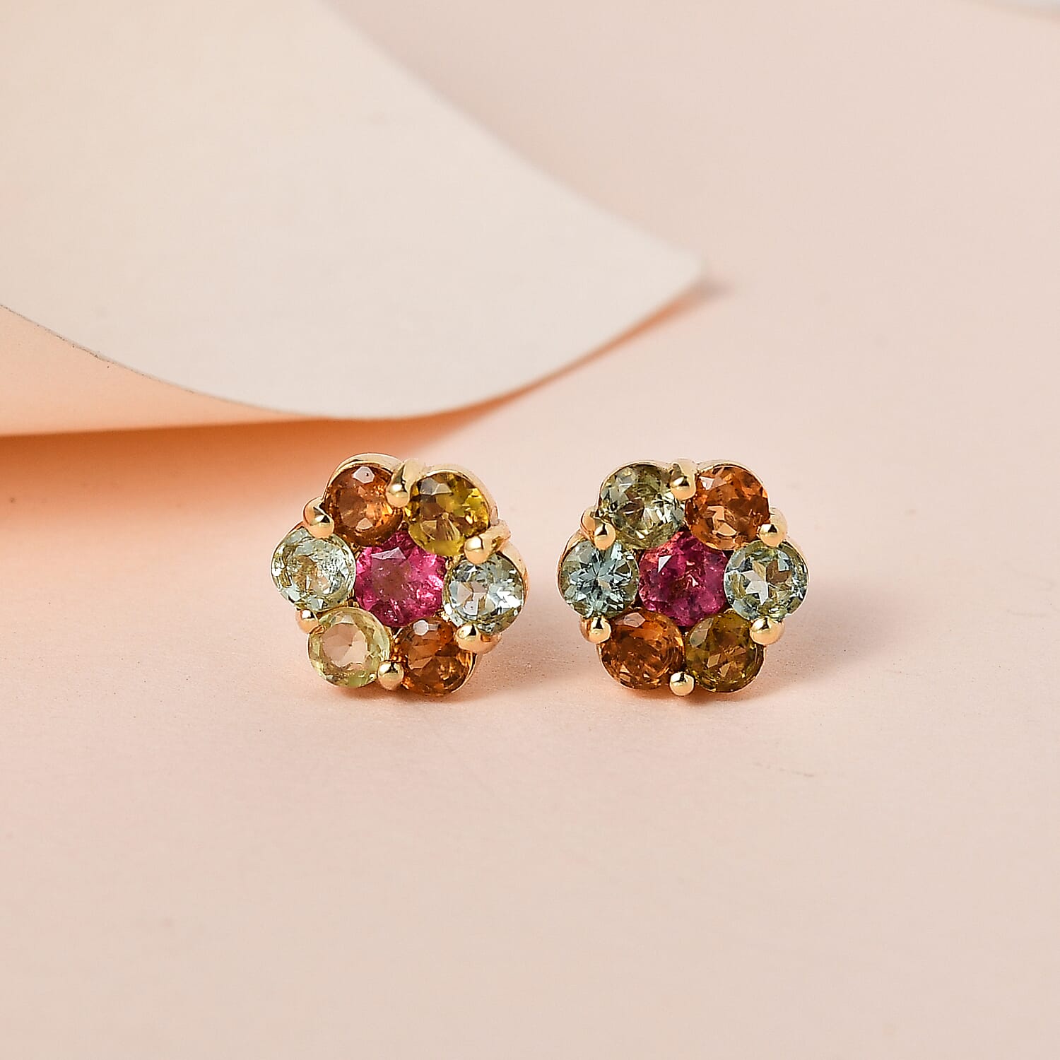 Multi-Tourmaline Floral Stud Earrings in Vermeil Yellow Gold Sterling Over Silver 1.70 ctw