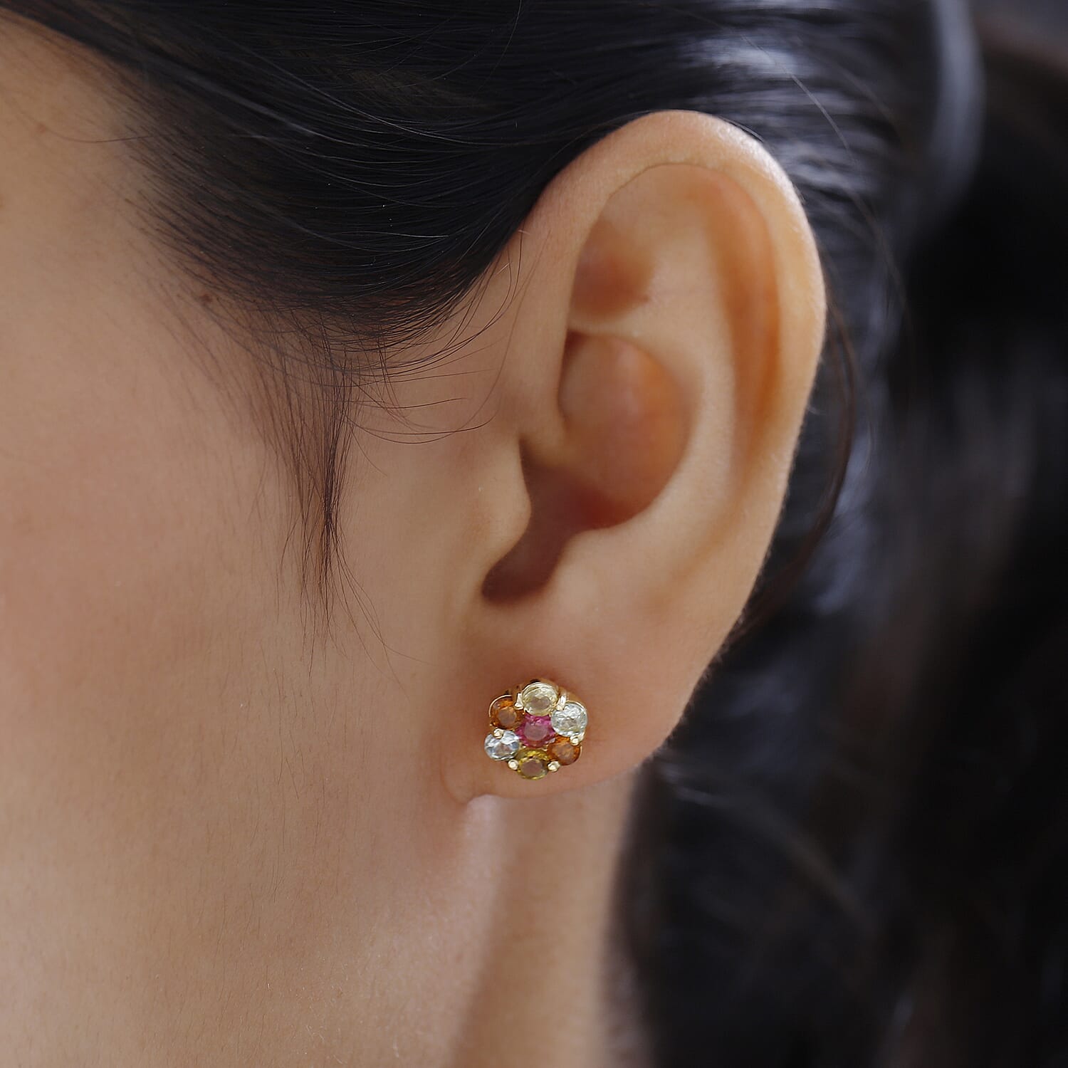 Multi-Tourmaline Floral Stud Earrings in Vermeil Yellow Gold Sterling Over Silver 1.70 ctw