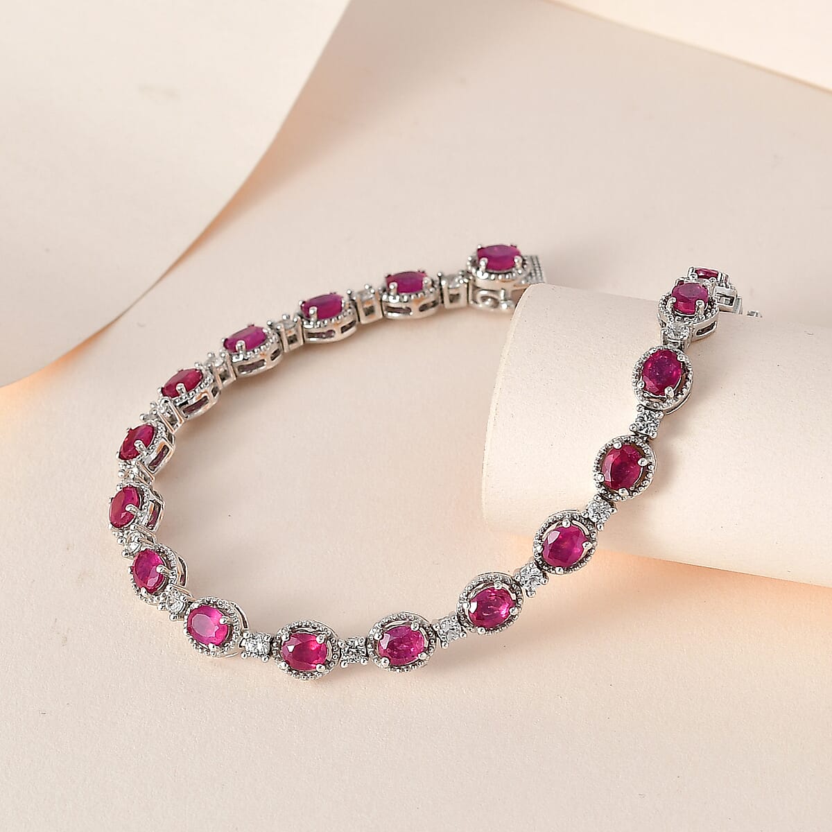 Niassa Ruby (FF) and White Zircon Bracelet in Platinum Over Sterling Silver (7.25 In) 11.75 ctw image number 1