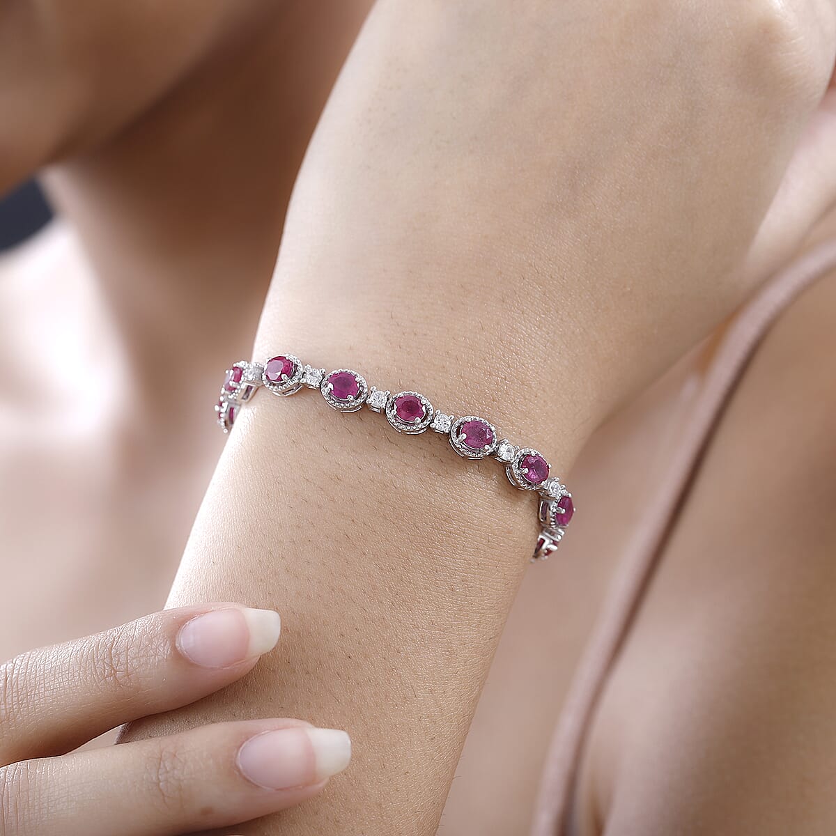 Niassa Ruby (FF) and White Zircon Bracelet in Platinum Over Sterling Silver (7.25 In) 11.75 ctw image number 2