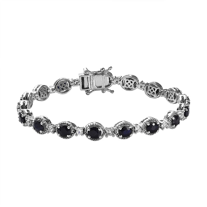 Madagascar Blue Sapphire (DF) and White Zircon Bracelet in Platinum Over Sterling Silver (7.25 In) 10.80 ctw