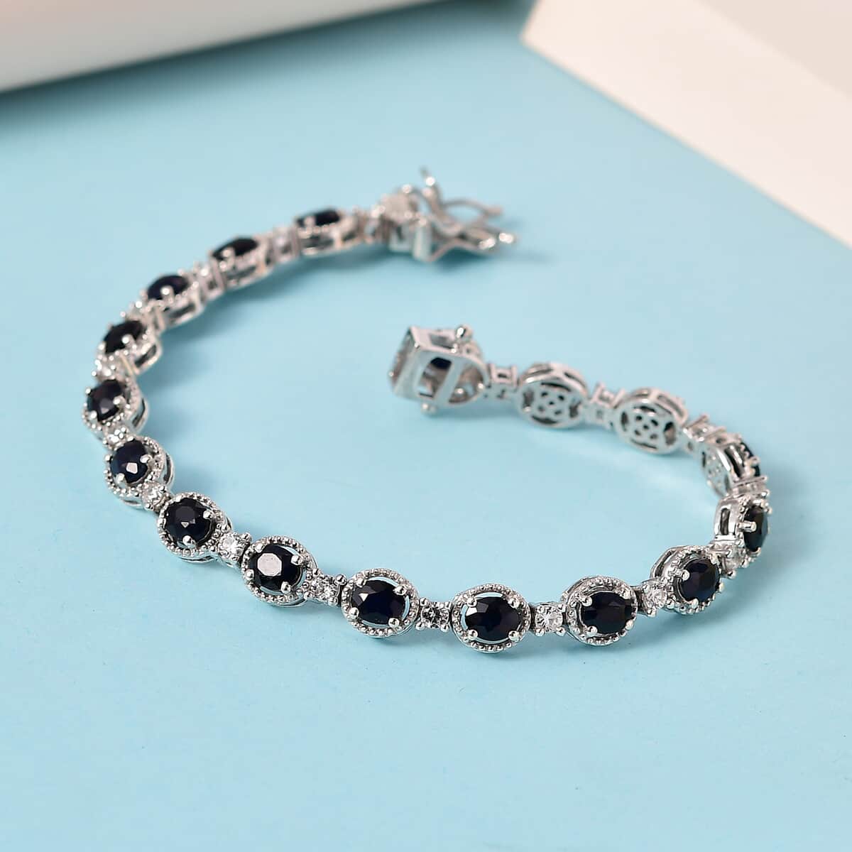 Madagascar Blue Sapphire (DF) and White Zircon Bracelet in Platinum Over Sterling Silver (7.25 In) 10.80 ctw image number 1