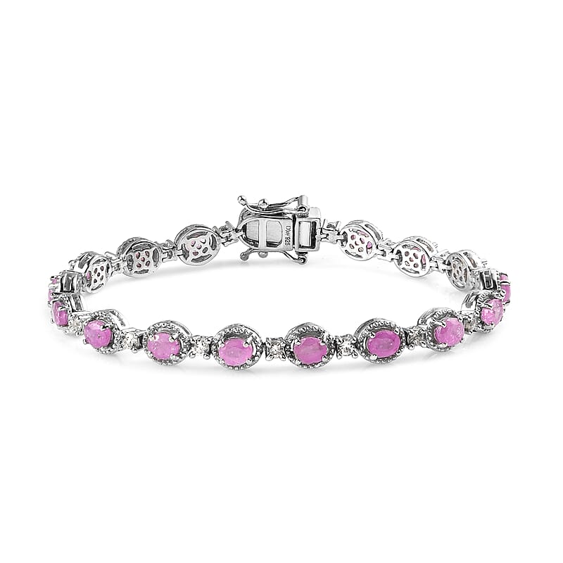 Ilakaka Hot Pink Sapphire (FF) and White Zircon Bracelet in Platinum Over Sterling Silver (7.25 In) 14.10 ctw