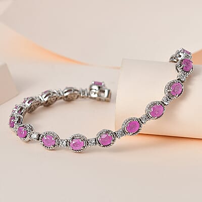 Ilakaka Hot Pink Sapphire (FF) and White Zircon Bracelet in Platinum Over Sterling Silver (7.25 In) 14.10 ctw