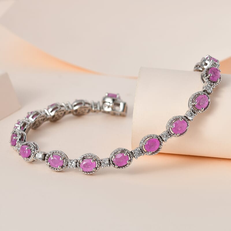 Ilakaka Hot Pink Sapphire (FF) and White Zircon Bracelet in Platinum Over Sterling Silver (7.25 In) 14.10 ctw