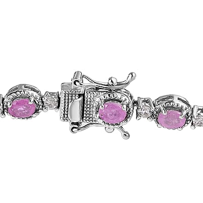 Ilakaka Hot Pink Sapphire (FF) and White Zircon Bracelet in Platinum Over Sterling Silver (7.25 In) 14.10 ctw