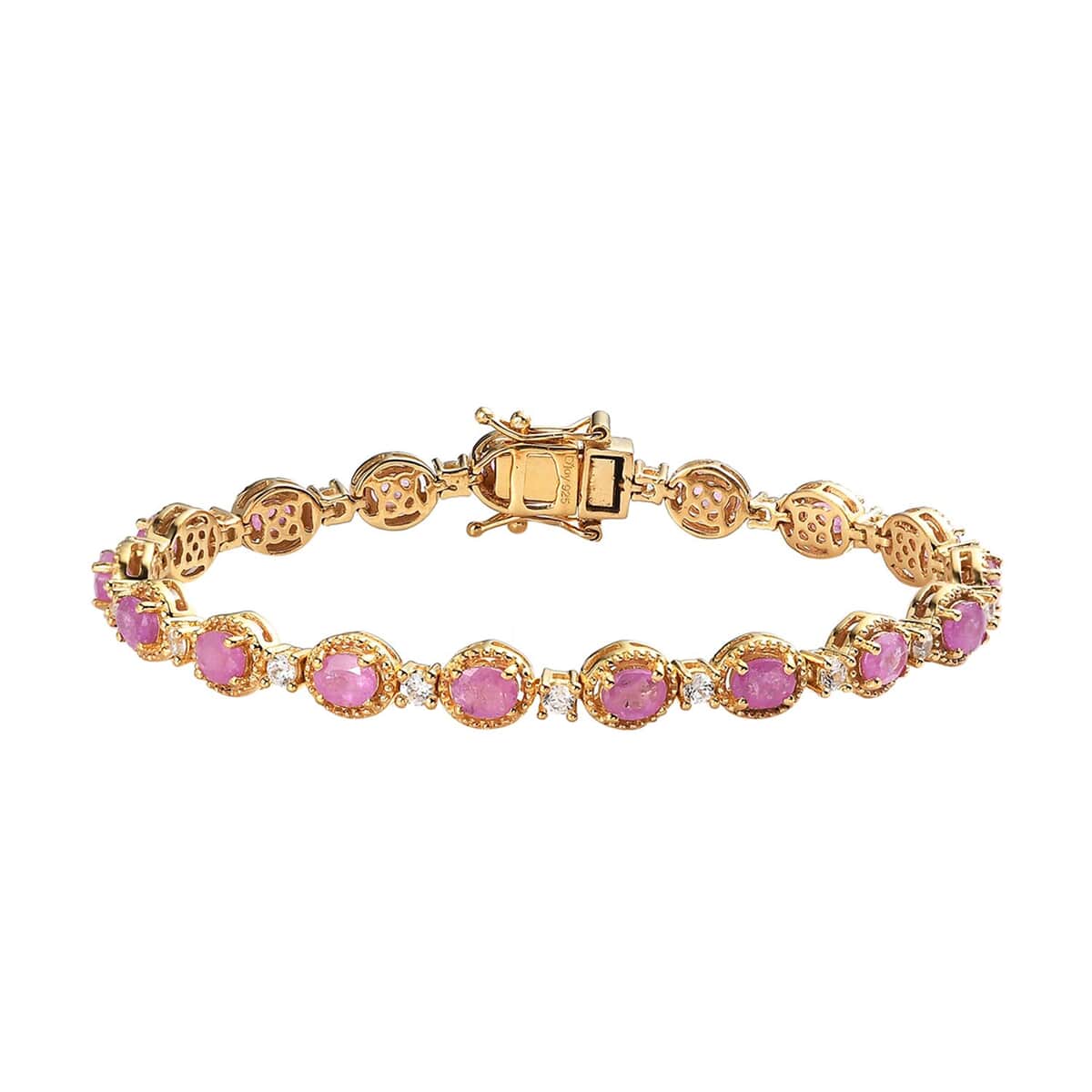 Ilakaka Hot Pink Sapphire (FF) and White Zircon Bracelet in Vermeil Yellow Gold Over Sterling Silver (7.25 In) 14.10 ctw image number 0