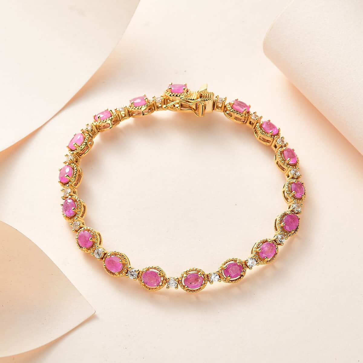 Ilakaka Hot Pink Sapphire (FF) and White Zircon Bracelet in Vermeil Yellow Gold Over Sterling Silver (7.25 In) 14.10 ctw image number 1