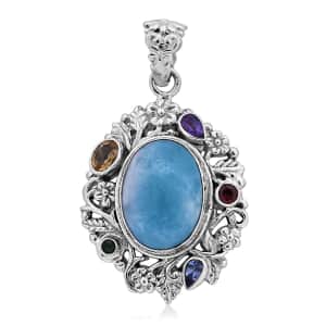 Bali Legacy Larimar and Multi Gemstone Floral and Leaves Pendant in Sterling Silver 14.00 ctw