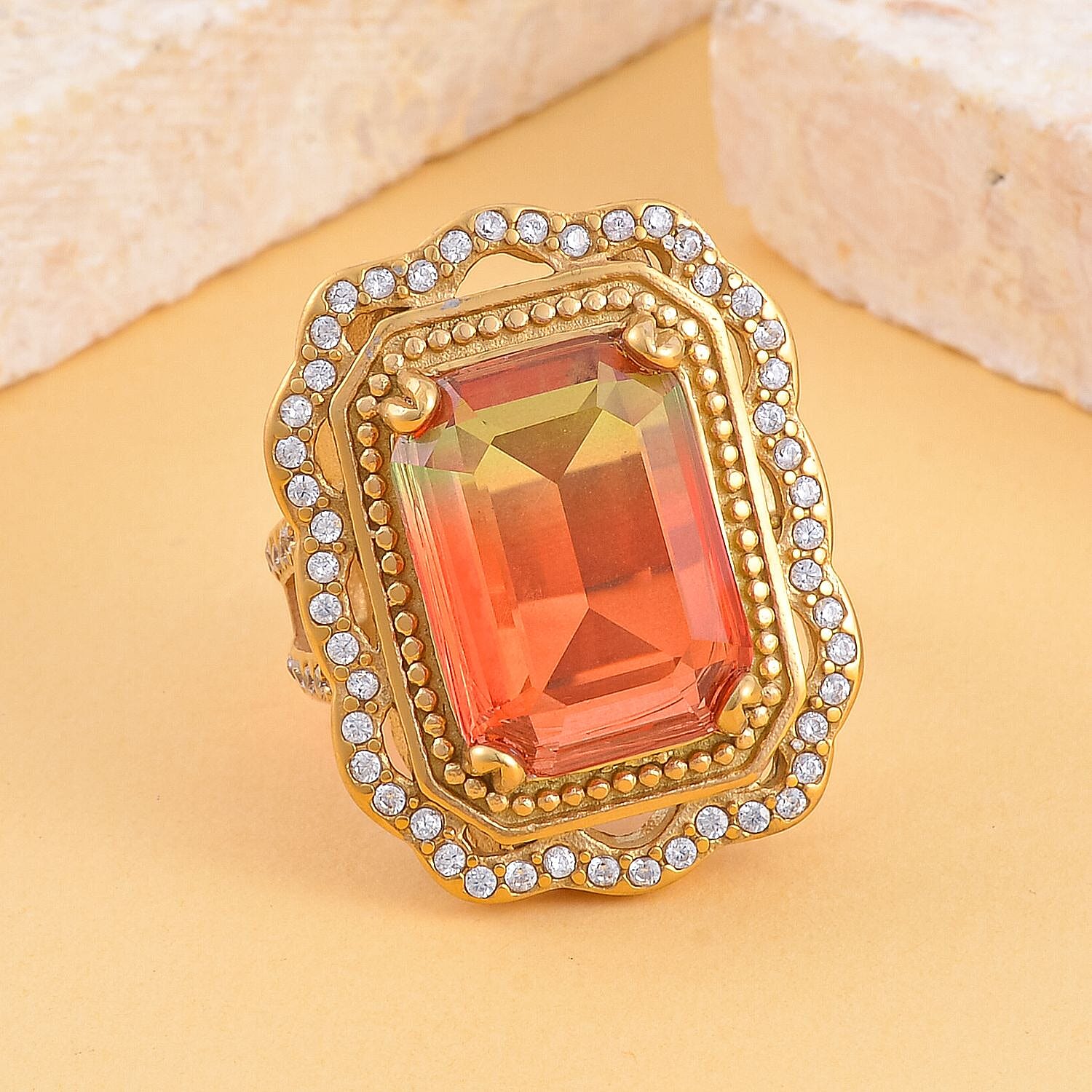 Simulated Diamond and Austrian Crystal Ring in ION Plated YG Stainless Steel (Size 5.5)