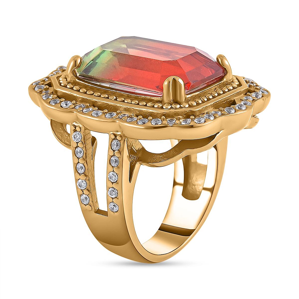 Simulated Diamond and Austrian Crystal Ring in ION Plated YG Stainless Steel (Size 5.5)