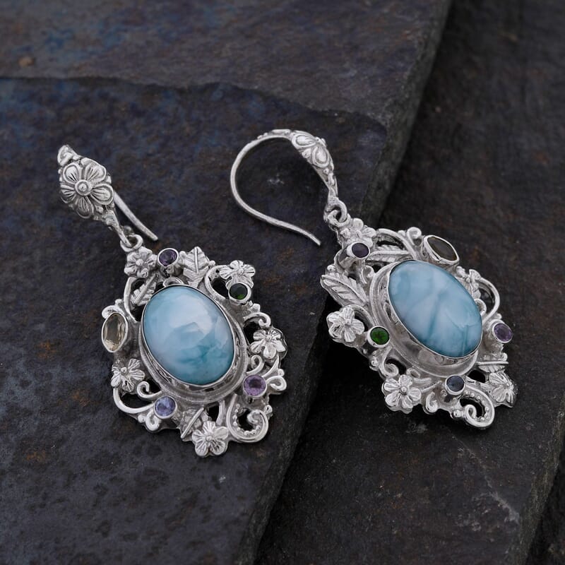 Bali Legacy Larimar and Multi Gemstone Floral and Leaves Earrings in Sterling Silver 14.35 ctw