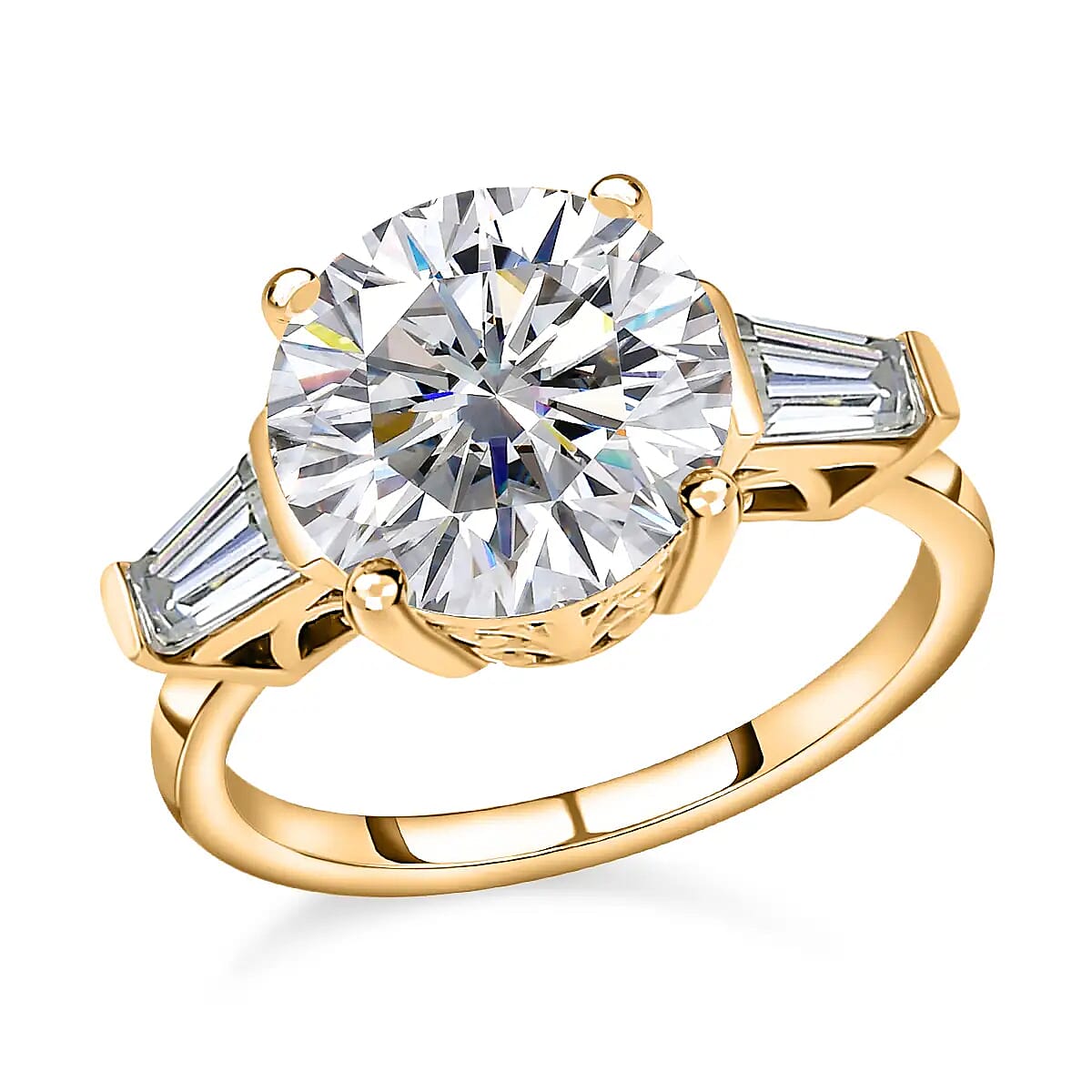  Heart & Arrow Cut Moissanite 3.90 ctw 3 Stone Ring in Vermeil Yellow Gold Over Sterling Silver (Size 8.0) image number 0