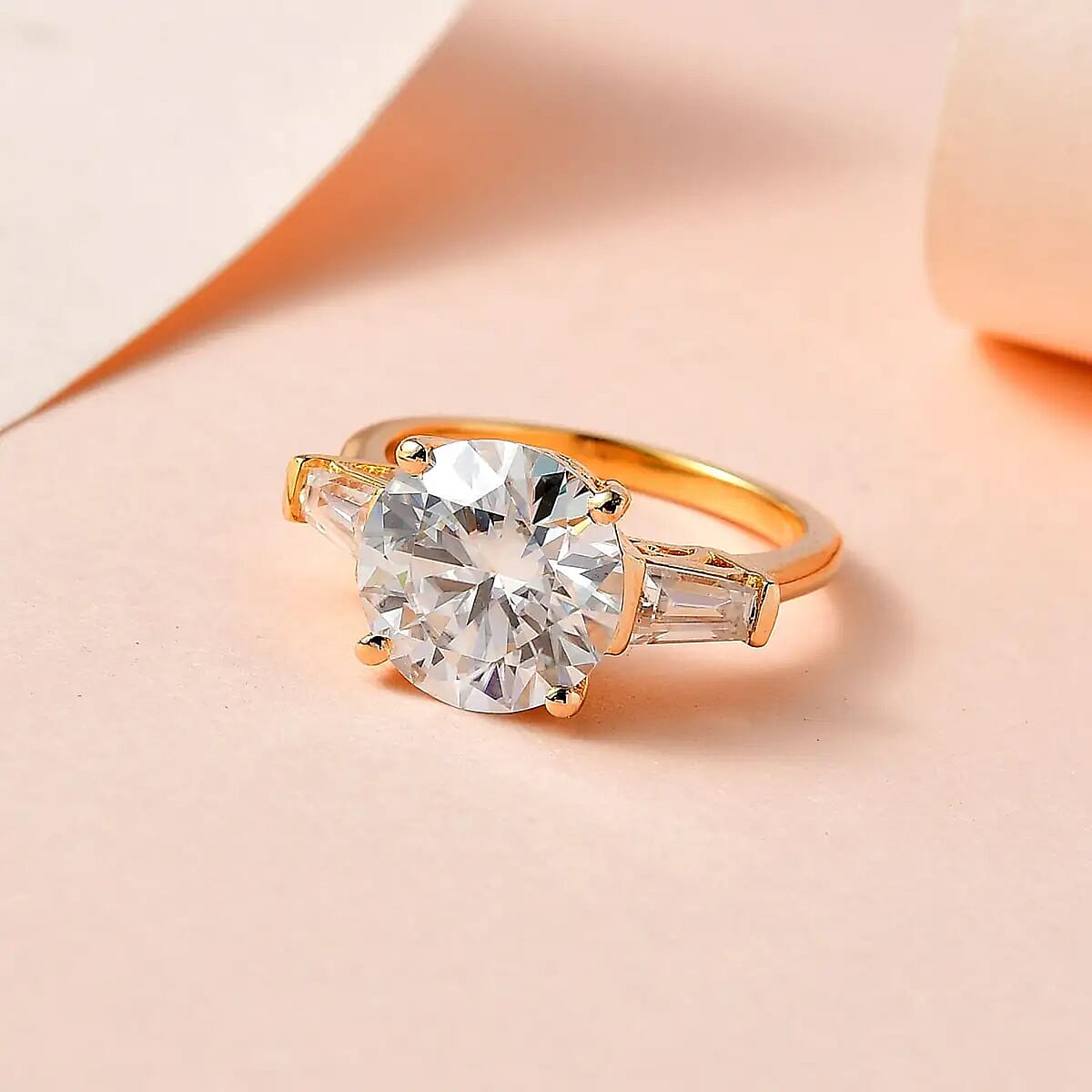  Heart & Arrow Cut Moissanite 3.90 ctw 3 Stone Ring in Vermeil Yellow Gold Over Sterling Silver (Size 8.0) image number 1