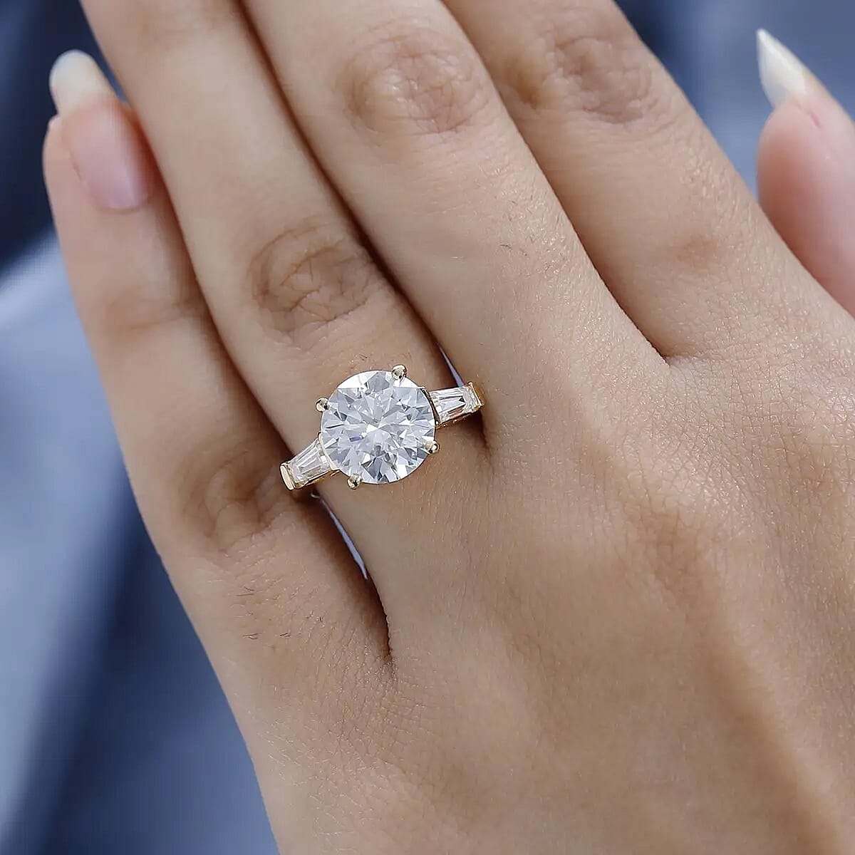  Heart & Arrow Cut Moissanite 3.90 ctw 3 Stone Ring in Vermeil Yellow Gold Over Sterling Silver (Size 8.0) image number 5