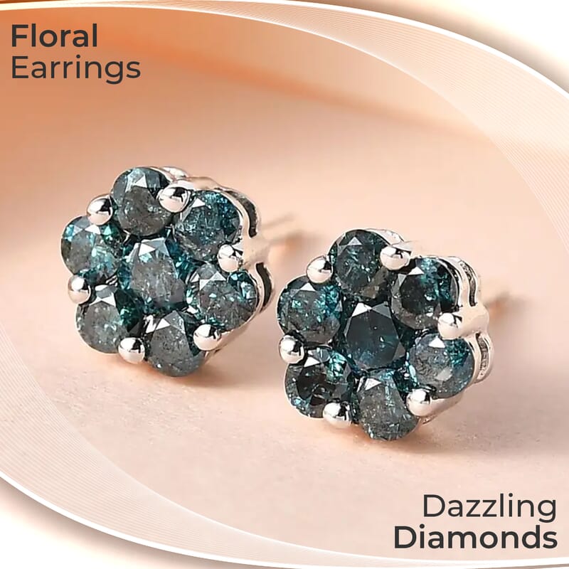 Luxoro 10K White Gold Blue Diamond Floral Stud Earrings 0.50 ctw