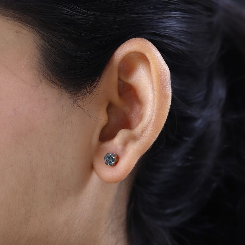 Luxoro 10K Yellow Gold Blue Diamond Floral Stud Earrings 0.50 ctw