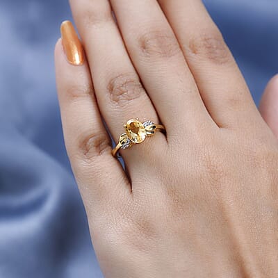 Brazilian Citrine, White Zircon Ring in Vermeil YG Over Sterling Silver (Size 6.0) 1.15 ctw