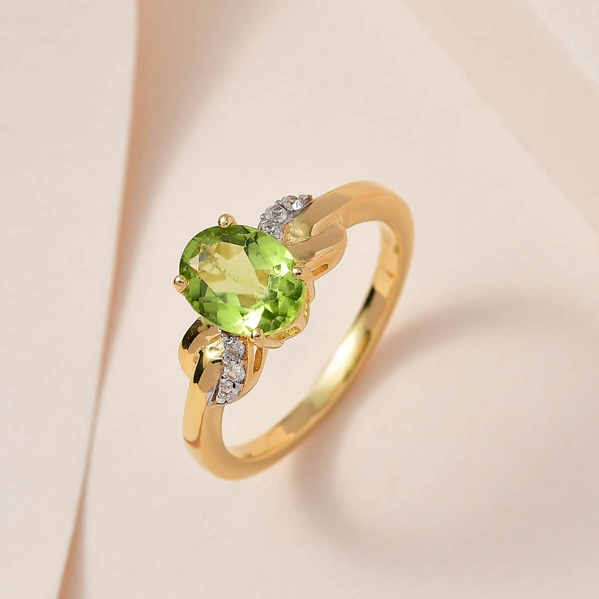 Peridot and White Zircon Ring in Vermeil YG Over Sterling Silver (Size 7.0) 1.30 ctw image number 1