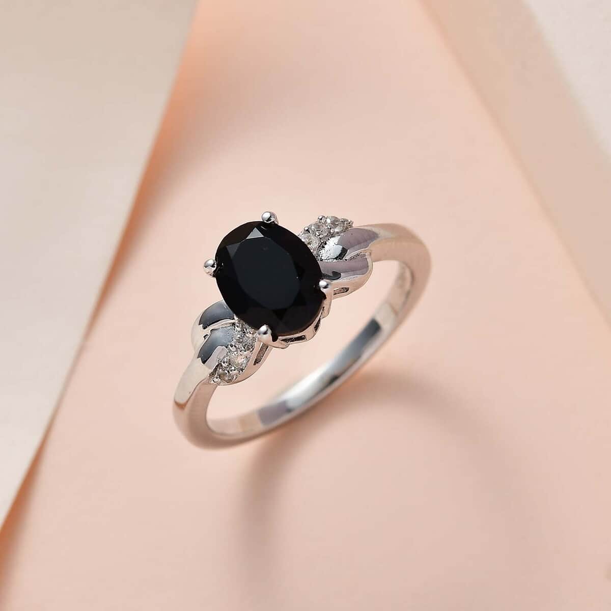 Thai Black Spinel and White Zircon Ring in Platinum Over Sterling Silver (Size 7.0) 1.65 ctw image number 1