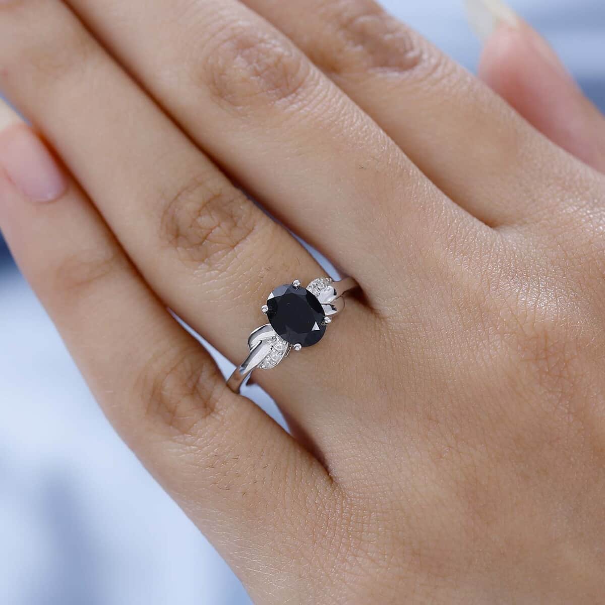 Thai Black Spinel and White Zircon Ring in Platinum Over Sterling Silver (Size 7.0) 1.65 ctw image number 2