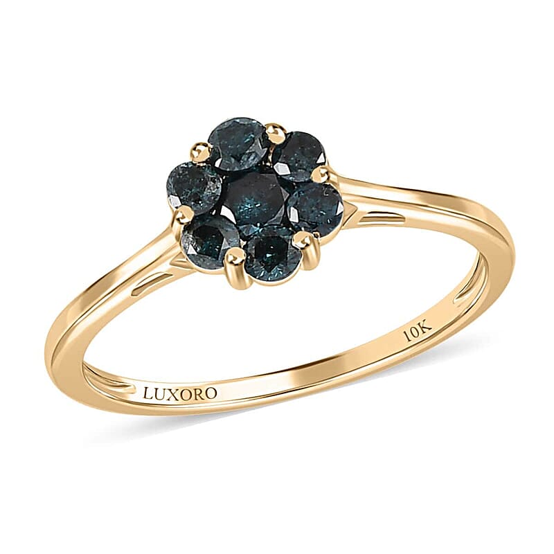 Luxoro 10K Yellow Gold Blue Diamond Floral Ring, Promise Rings (Size 10.0) 0.50 ctw