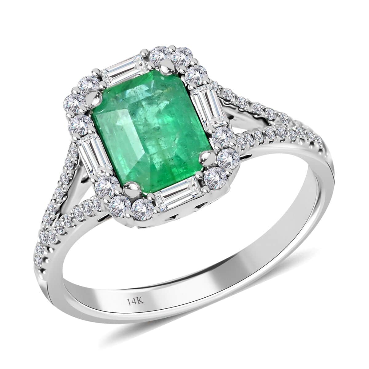 Doorbuster Deal Modani 14K White Gold Emerald, Diamond (G-H, I2) (0.40 cts) Split Shank Ring (Size 9.0) (Del. in 10-12 Days) 1.75 ctw image number 0
