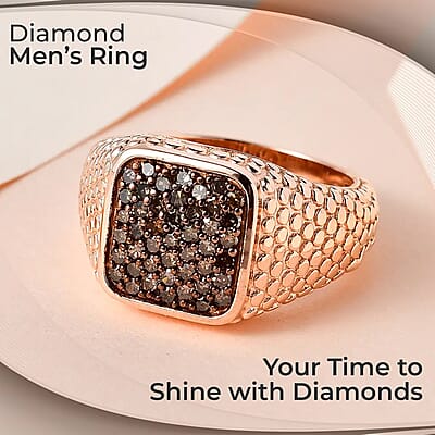 Natural Champagne Diamond Men's Ring in Vermeil Rose Gold Over Sterling Silver (Size 10.0) 1.00 ctw
