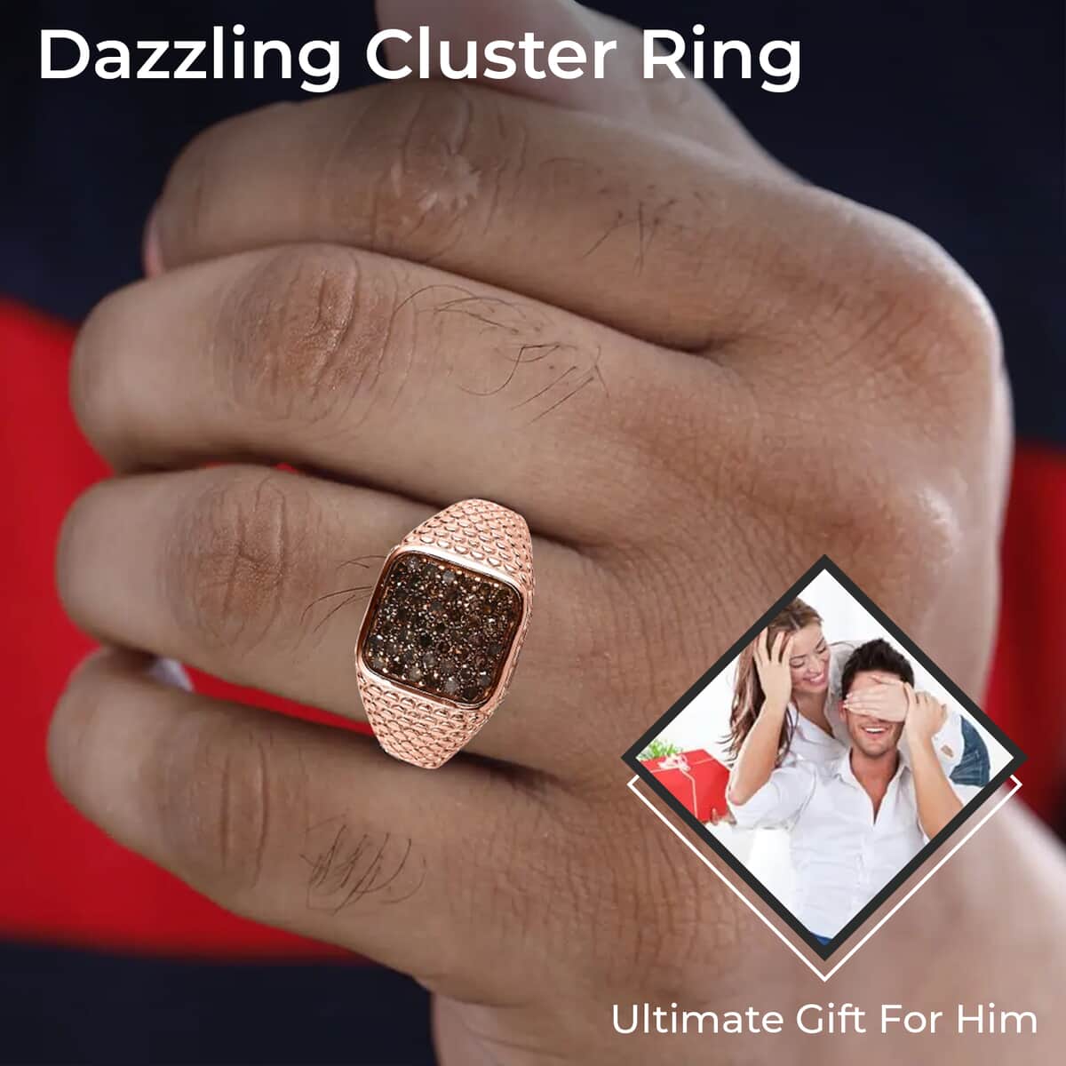 Natural Champagne Diamond Men's Ring in Vermeil Rose Gold Over Sterling Silver 1.00 ctw image number 2