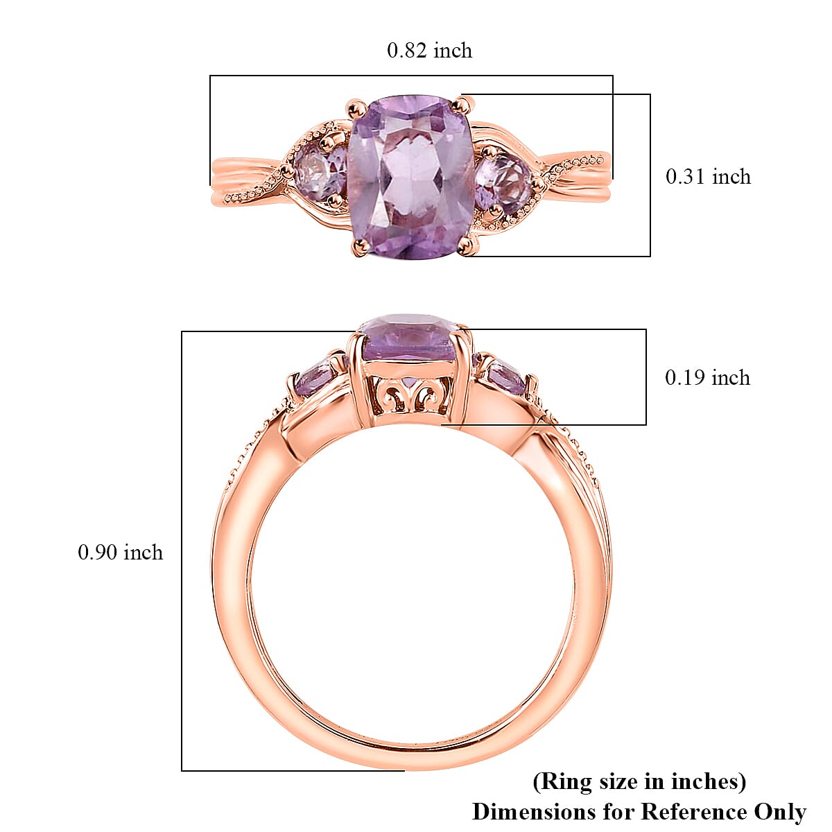 Rose De France Amethyst 3 Stone Ring in Vermeil Rose Gold Over Sterling Silver, Amethyst Jewelry, Birthday Anniversary Gift 1.50 ctw